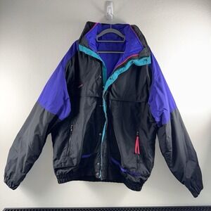 Vintage 80s Columbia Men size XL Powder Keg Black, Purple and Pink Ski Coat 3M